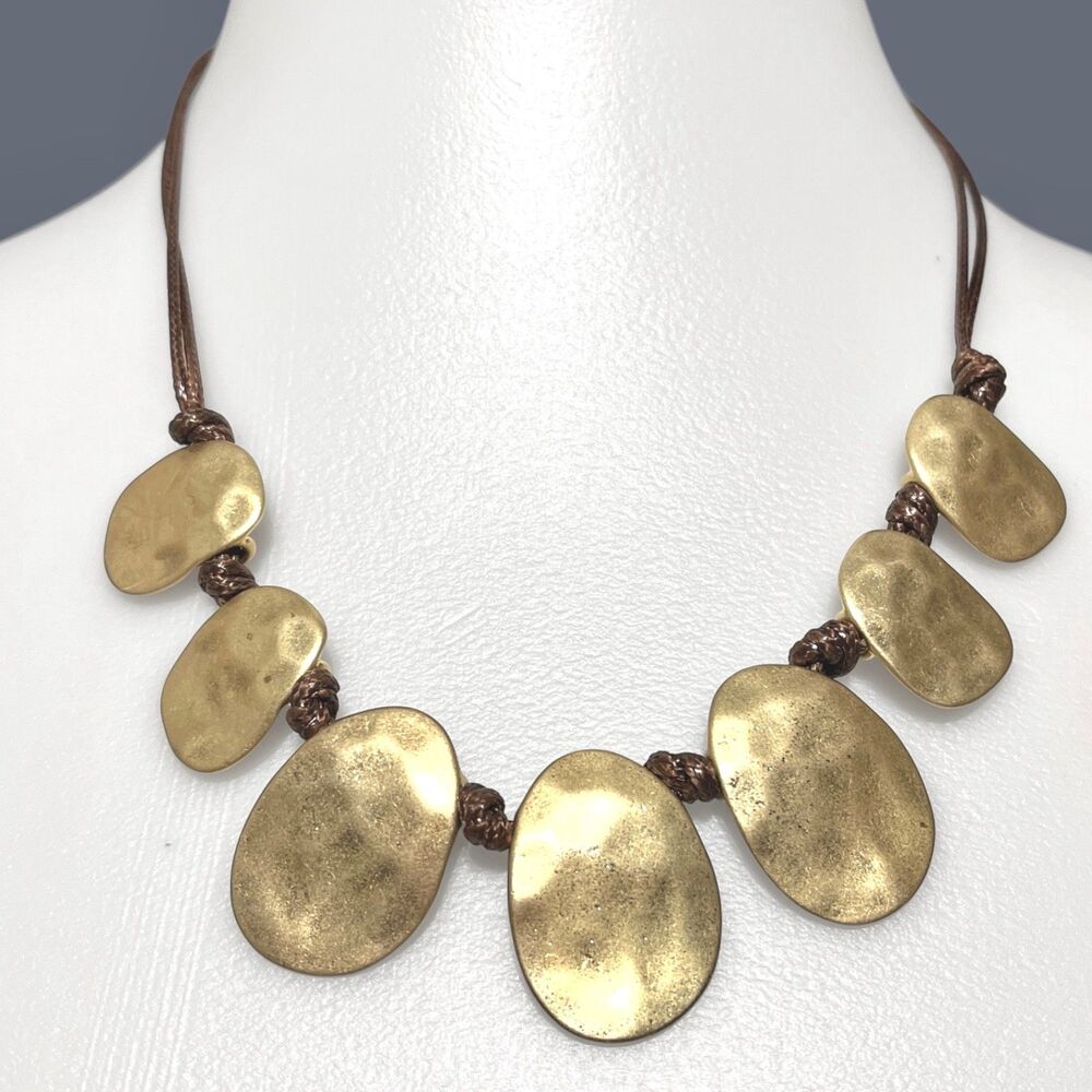 Hammered Metal Statement Necklace Brown Cord Gold Tone Charm Fringe Pendants 20"
